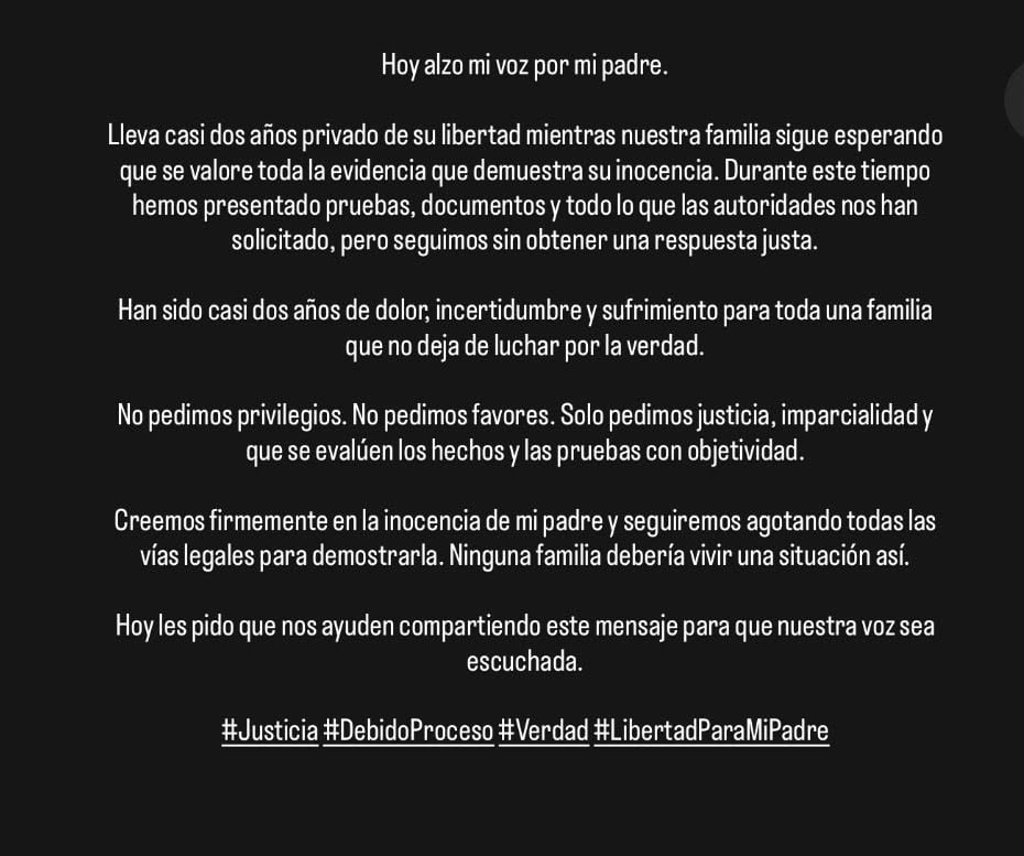 Mirella Paz pide revisión de pruebas y cree en la inocencia de su padre, quien está detenido desde el 2024.