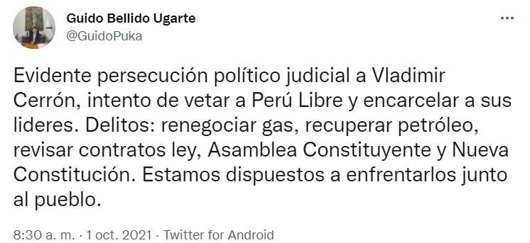 Guido Bellido respaldó a Vladimir Cerrón y dirigentes de Perú Libre.
