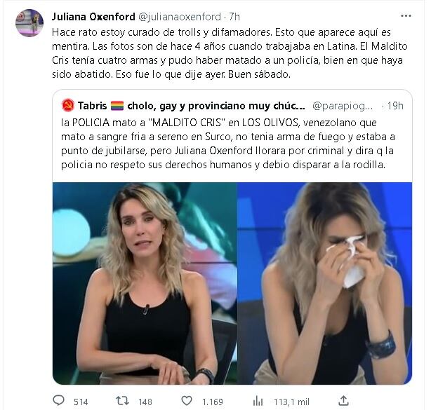 Juliana Oxenford respondió a tweet sobre el Maldito Cris