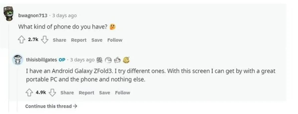 Bill Gates señaló que utiliza un Samsung Galaxy Z Fold3.