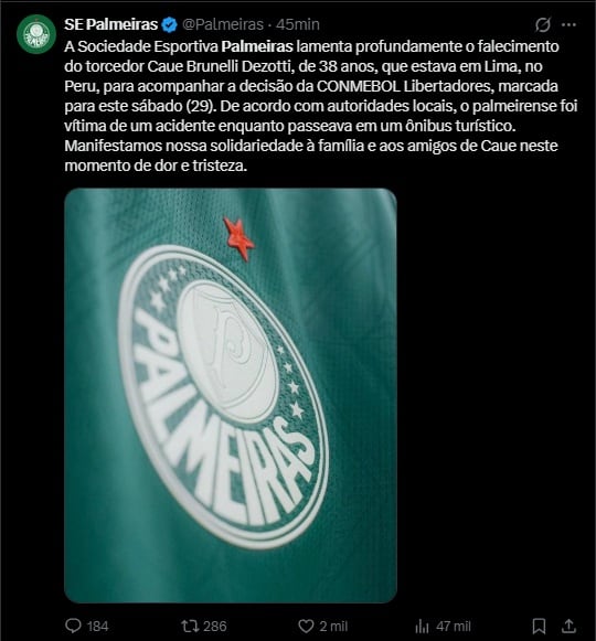 Palmeiras lamentó el fallecimiento de su seguidor. ('X')