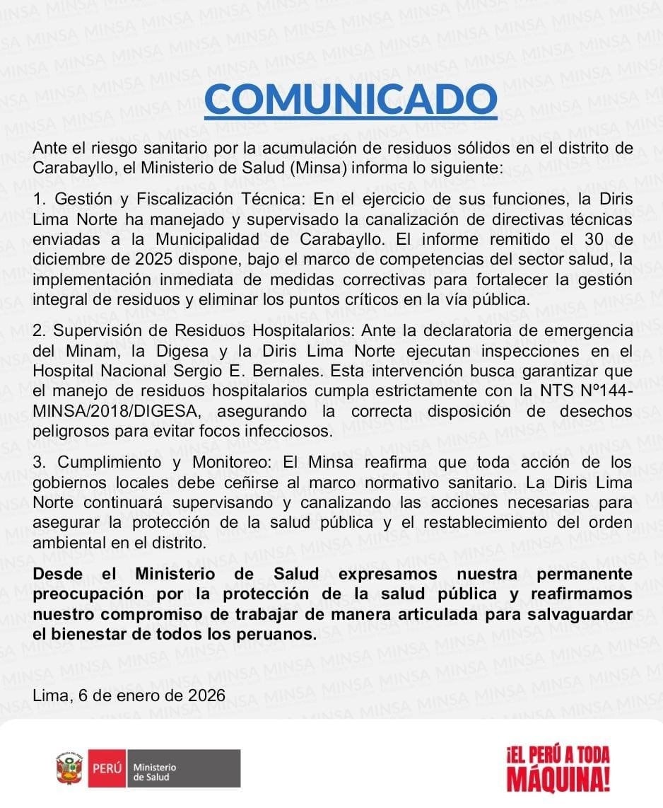 Comunicado del Ministerio de Salud sobre la situación en Carabayllo.