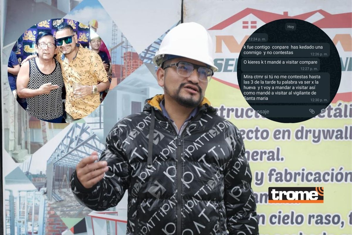 Alfredo Lizarbe, 'El Ingeniero de la Cumbia', denunció el hecho en la Dirincri. Al lado, una foto con el también conocido cantante 'Chacal'. En el otro, una de las amenazas que le ha llegado a su celular. | Composición Trome