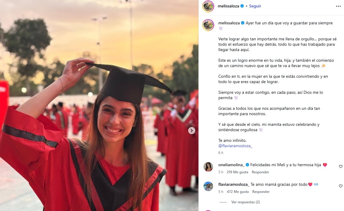 Melissa Loza dedicada publicación a su hija por su graduación.