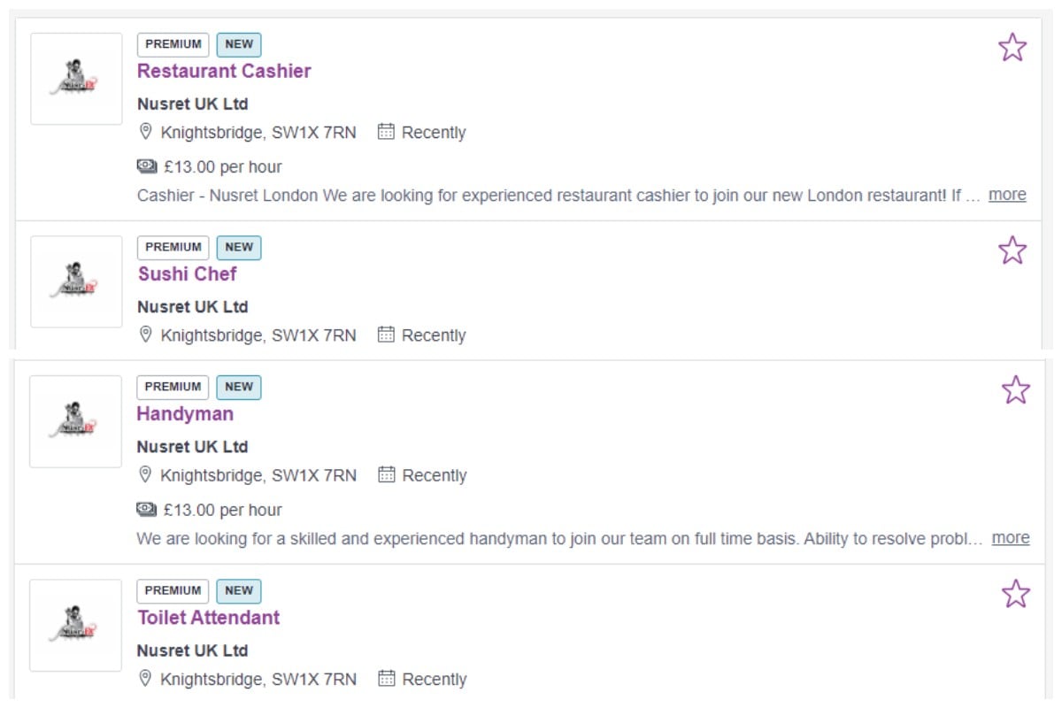 Los puestos y sueldos que ofrece el restaurante de Salt Bae en Londres. (Foto: Caterer.com)