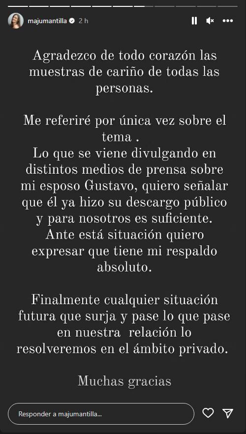 Comunicado de Maju Mantilla en Instagram.