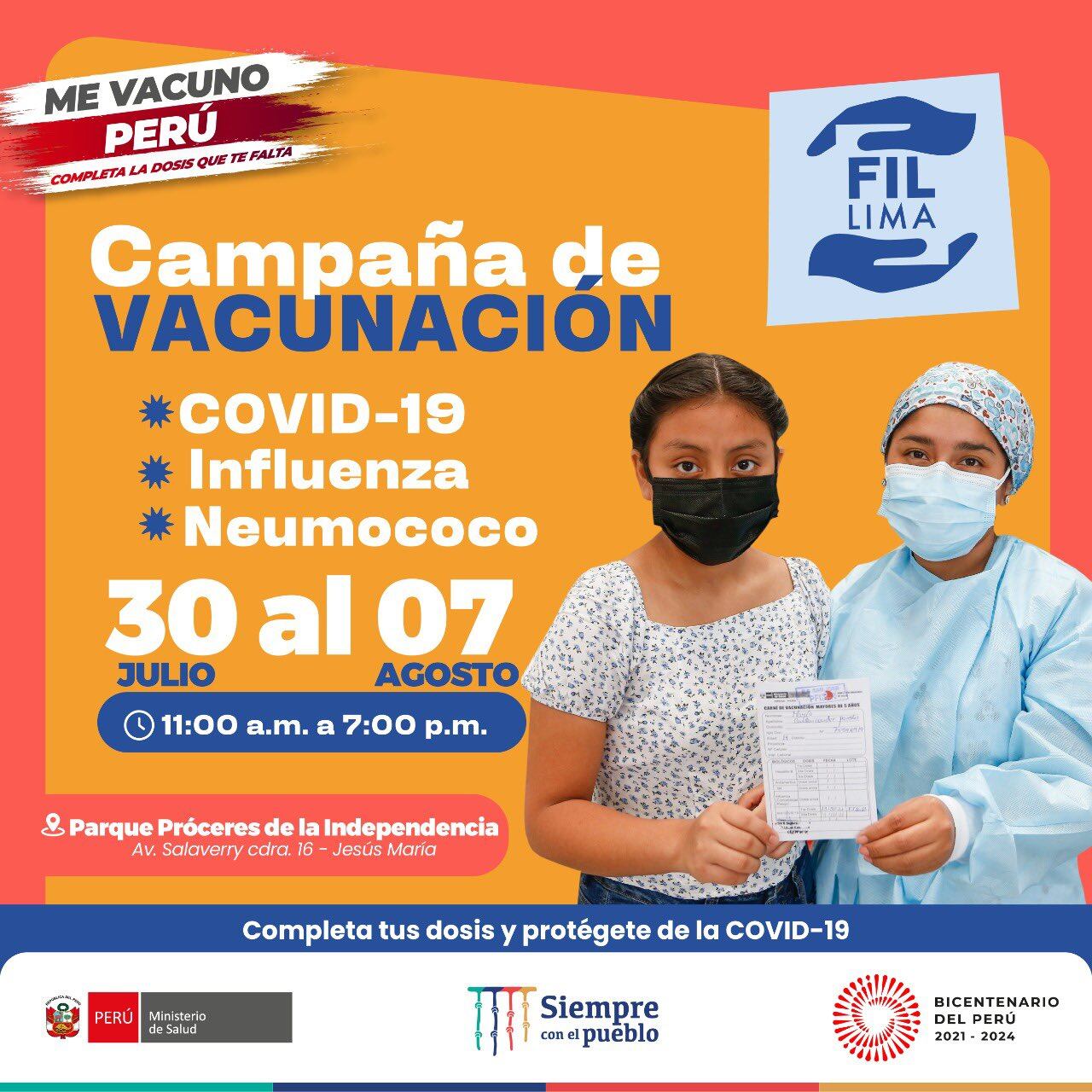Del 30 de julio al 07 de agosto completa tus dosis en la FIL. Foto: Minsa