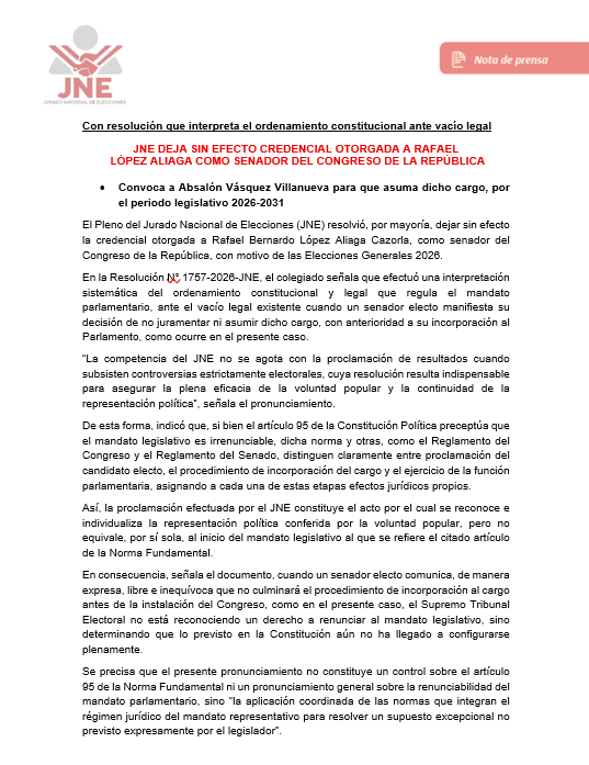 Comunicado del Jurado Nacional de Elecciones sobre la decisión de dejar sin efecto la credencial de López Aliaga como Congresista.