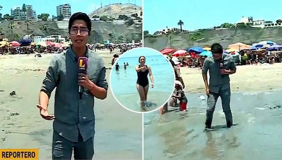 Chorrillos: Reportero se moja EN VIVO tras cobertura en la playa Agua Dulce