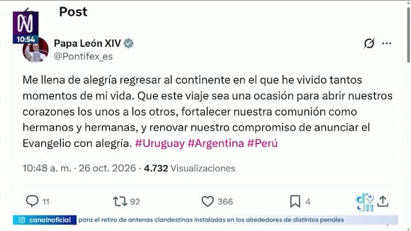 TROME | Papa León XIV confirma que vendrá al Perú en noviembre. Video: Canal N