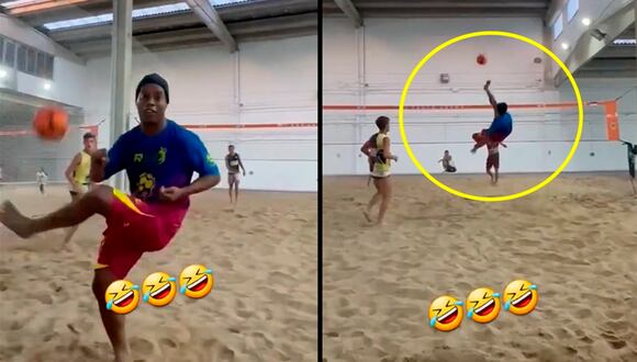 Ronaldinho y su espectacular pirueta para marcar un punto en futvóley