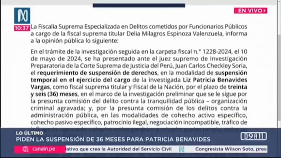Patricia Benavides: Ministerio Público pide a Poder Judicial suspender por 36 meses a exfiscal de la Nación