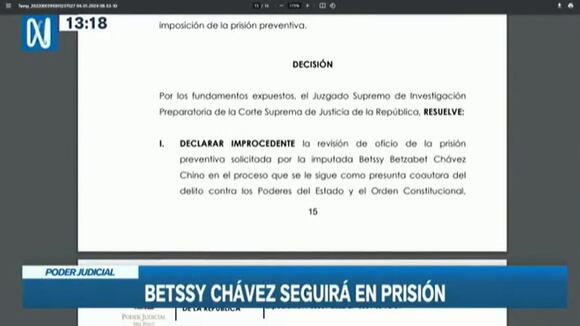 TROME - Betssy Chávez: Poder Judicial rechazó su pedido para dejar sin efecto la prisión preventiva