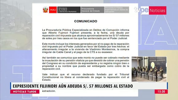 Alberto Fujimori aún adeuda S/57 millones al Estado por reparación civil, señala la Procuraduría