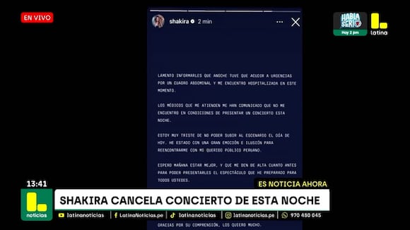 Shakira cancela primer concierto en Lima por problemas de salud