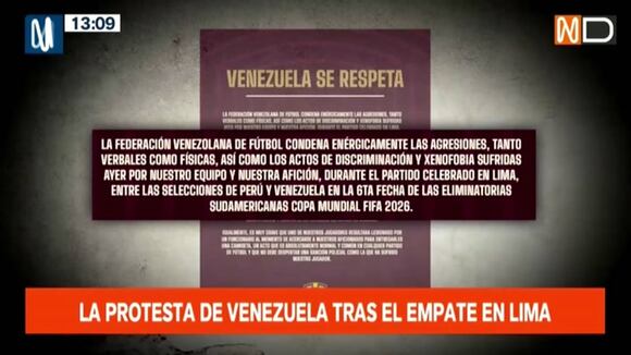 Venezuela expresa sus protesta por el trato recibido después del empate 1-1 con Perú (Video: CanalN)