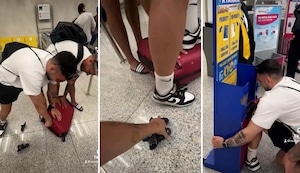 Joven causa furor en aeropuerto al romper las ruedas de su maleta para evitar pago de 70 euros a aerolínea