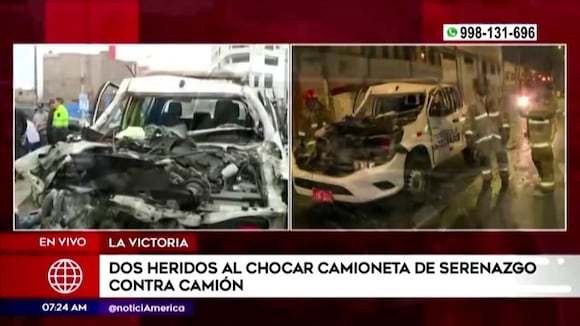 La Victoria: Fuerte choque entre patrullero de serenazgo y camión deja dos serenos heridos