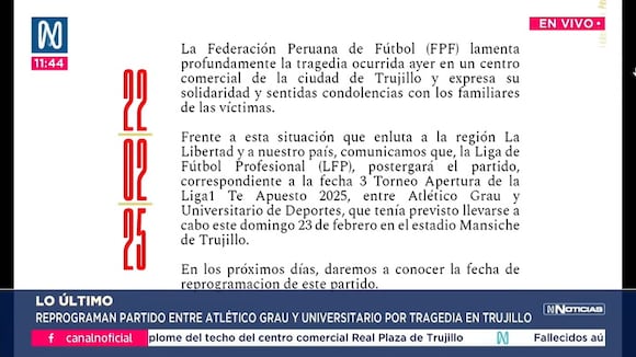 TROME | Partido de Universitario y Atlético Grau quedó suspendido tras tragedia en centro comercial de Trujillo. Video: Canal N