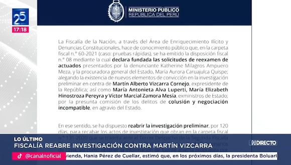 Fiscalía de la Nación reabre investigación preliminar contra Martín Vizcarra por pruebas rápidas. Video: Canal N