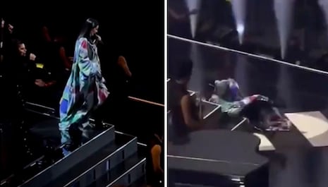 Laura Pausini sufre caída en el escenario al quedar atrapada en su vestido