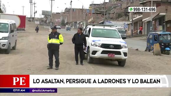 Lo asaltan, persigue a ladrones y lo balean