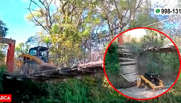 Cajamarca: Maquinara pesada cayó al río al intentar cruzar un puente colgante de madera