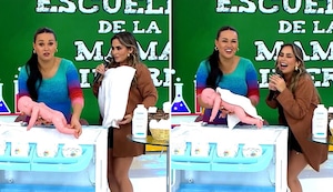 Angie Arizaga aprende a bañar a bebé en vivo y lo sacude en lugar de secarlo: “Para que no gotee”