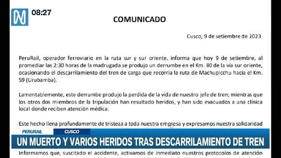 TROME - Cusco: PeruRail suspende servicios tras descarrilamiento de tren en línea férrea Machupicchu-Ollantaytambo