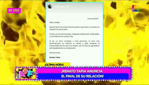 Renato Tapia anunció el fin de su matrimonio con Andrea Cordero tras 10 años de relación. Video: Willax