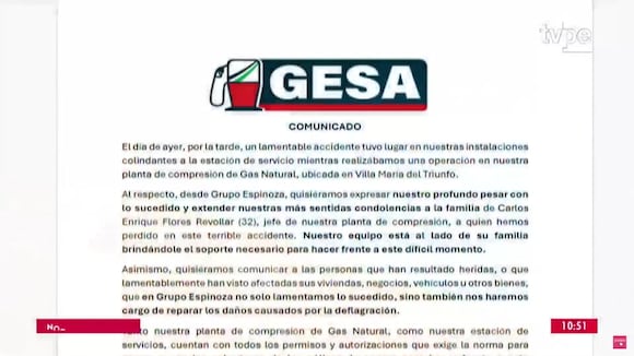 Comunicado de la empresa propietaria del grifo que explotó en Villa María del Triunfo