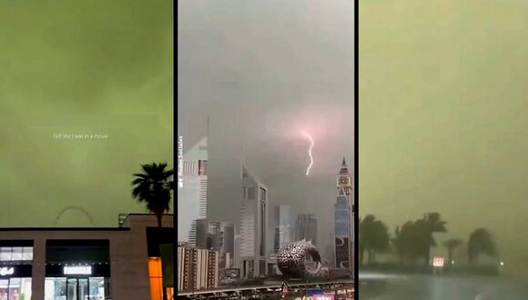 Emiratos Árabes: extraño efecto pintó de verde el cielo de Dubái tras fuertes lluvias