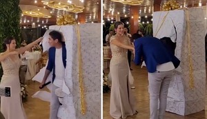 Sorpresa de boda: Daniel Lazo sorprende a una novia al salir de una caja gigante