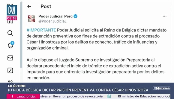 Poder Judicial aprueba solicitar a Bélgica la detención con fines de extradición de César Hinostroza. Video: Canal N