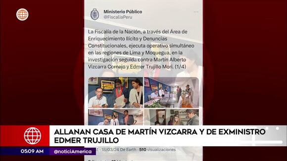 Policía y Fiscalía allanan vivienda de Martín Vizcarra y exministro Edmer Trujillo