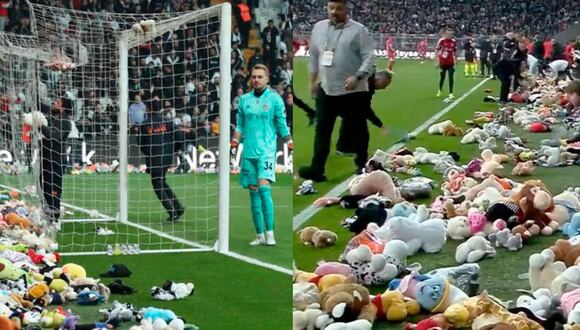 Organizan 'lluvia de peluches' en pleno partido para los niños afectados por terremotos en Turquía
