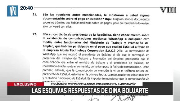 Declaraciones de Dina Boluarte ante fiscal de la Nación sobre pagos a Aionia 2