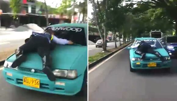 Chofer se lleva a policía en el capó de un vehículo