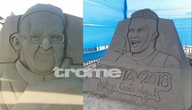La imagen del papa Francisco yde  Paolo Guerrero también fueron representadas en esculturas de arena realizadas por Rubén Rebatta. (Foto: Trome)