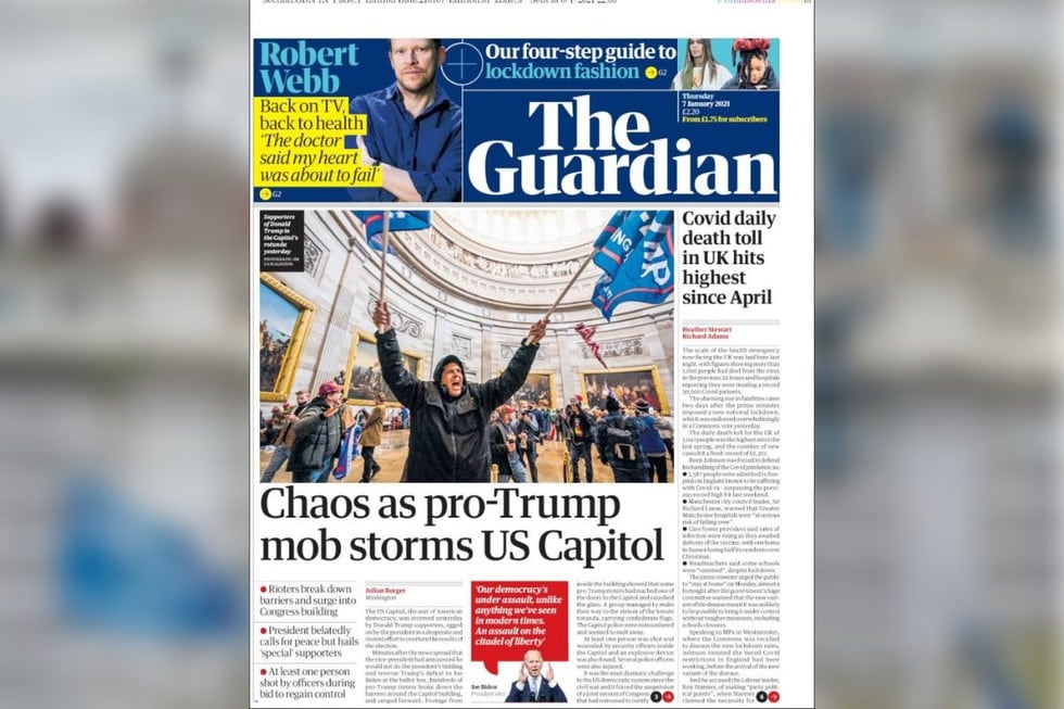 El medio The Guardian, uno de los medios reconocidos de Reino Unido, también se hizo eco de lo sucedido con los partidarios de Trump en el Capitolio, en Washington. (Foto: The Guardian).