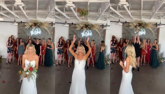 Un video viral muestra la exagerada reacción de la invitada de una boda para obtener a como dé lugar el ramo lanzado por la novia. | Crédito: u/Hppy_xmas_harry / Reddit.