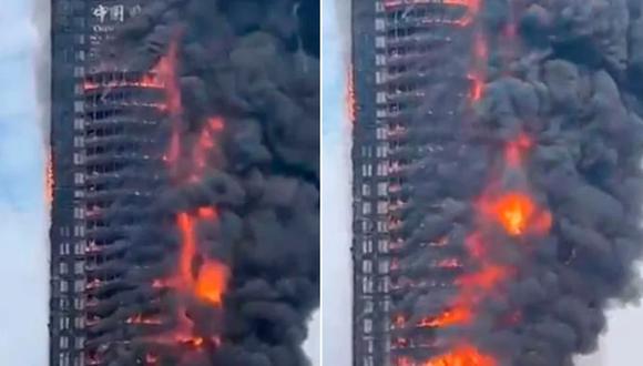 El incendio, ya extinguido, afectó el edificio de la empresa estatal de telecomunicaciones China Telecom. (Foto: captura Twitter)
