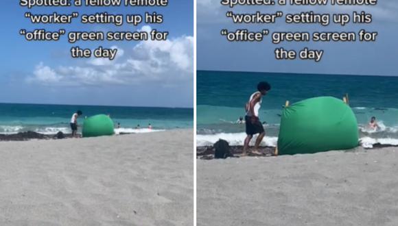 El osado joven no tuvo problemas para improvisar una pantalla verde en la playa. (Foto: @averyncmm).