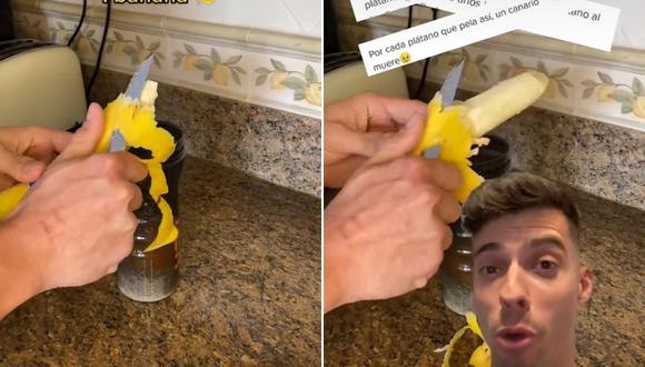 A pesar de recibir críticas, Abraham Arasa subió otro video en el que retira la cáscara del plátano con un pelador.| Foto: @abrahamarasa/TikTok