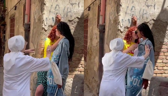 Una monja separa a dos chicas besándose en la calle para una sesión de fotos. (Foto: Twitter / @NEG_Zone)